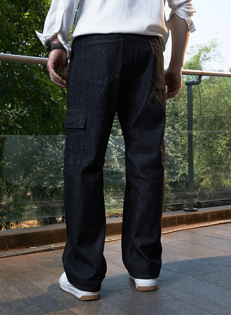 Campus Sutra  Men's Midnight Black Dark-Wash Cargo Denim Jeans For Casual Wear | Mid-Rise | Straight Fit | Button Closure | Denim Jeans Crafted With Comfort Fit For Everyday Wear for Men | Best Price UAE